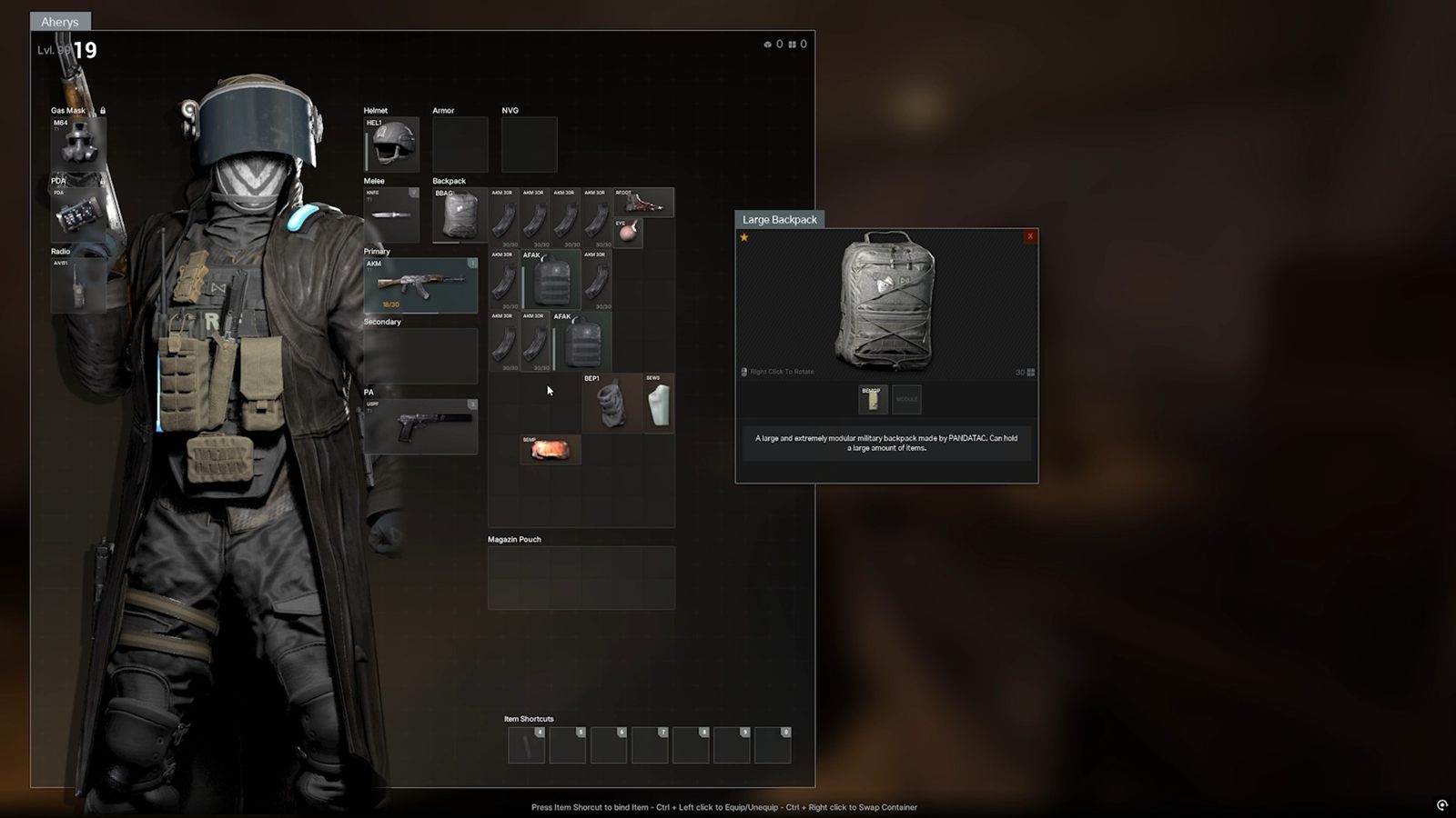 An inventory screen with an armored operator on the left and a bag with its module slots open on the right