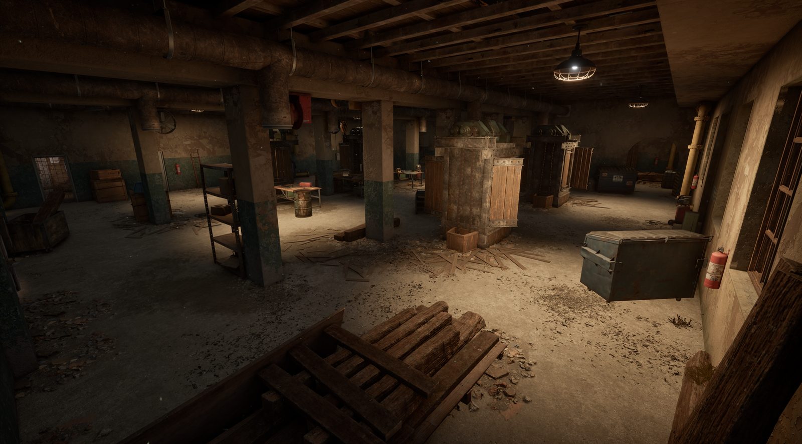 A basement storage room with wooden pillars, crates, pallets and a hanging lamp