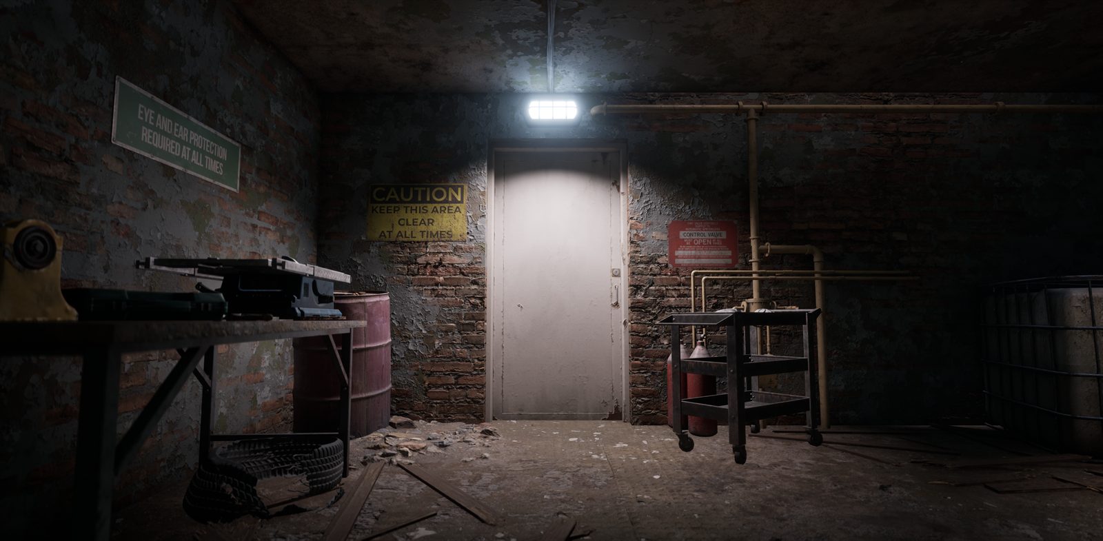 A brick workshop corridor with a caution sign, a white door and a workbench under a harsh wall light