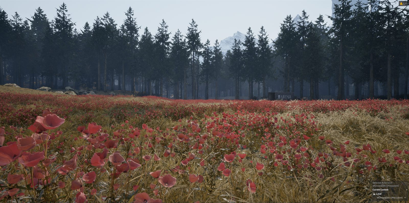 A meadow of red flowers in front of a dense pine forest under a grey sky, snowy mountains behind