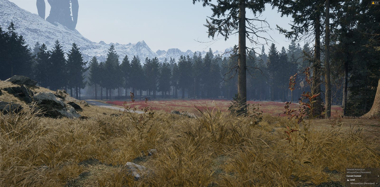 A grassy ridge with rocks and pine trees, snowy mountains and a pale sky in the distance