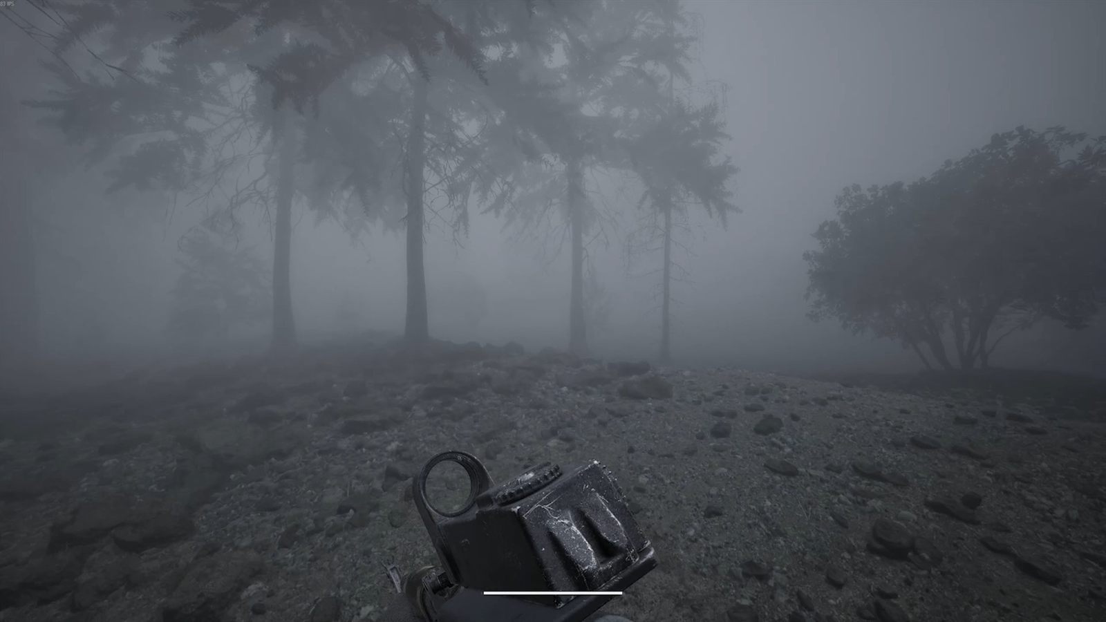 A rifle's sights raised in a forest almost erased by thick grey fog