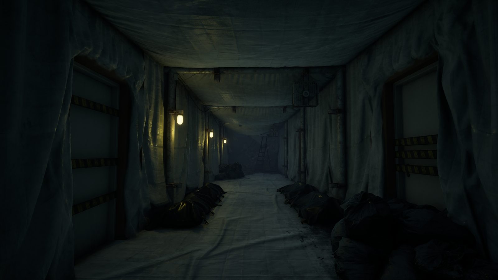 A corridor lined with plastic sheeting, dim wall lamps and body bags along both sides