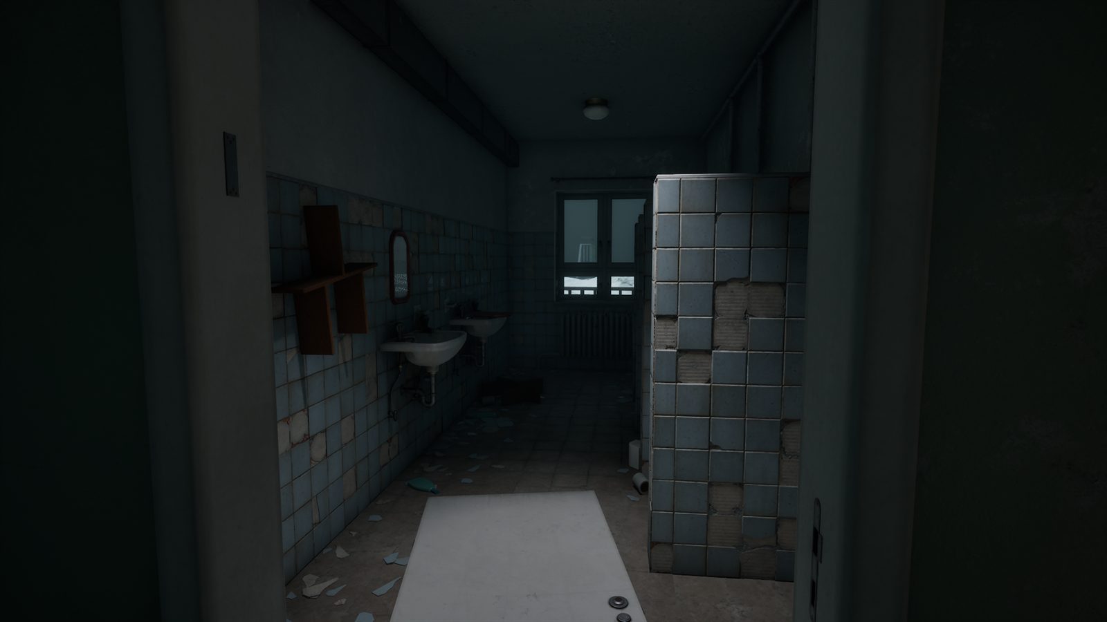 A ruined tiled washroom with broken tiles on the floor and a snowy window at the far end