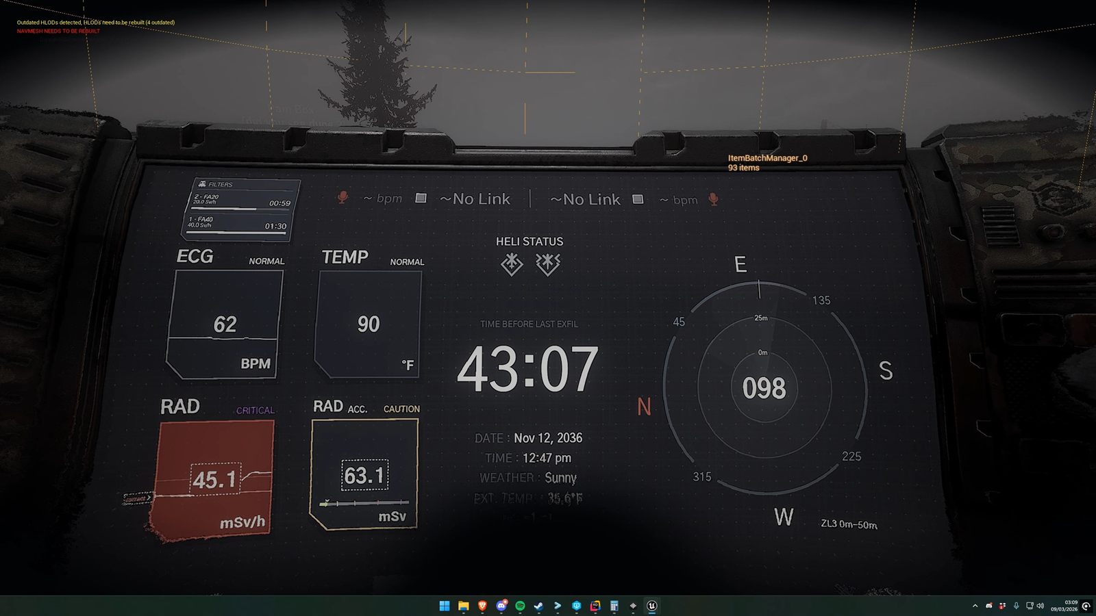 An operator's wrist PDA with a clock, a compass and a radiation reading flagged in red