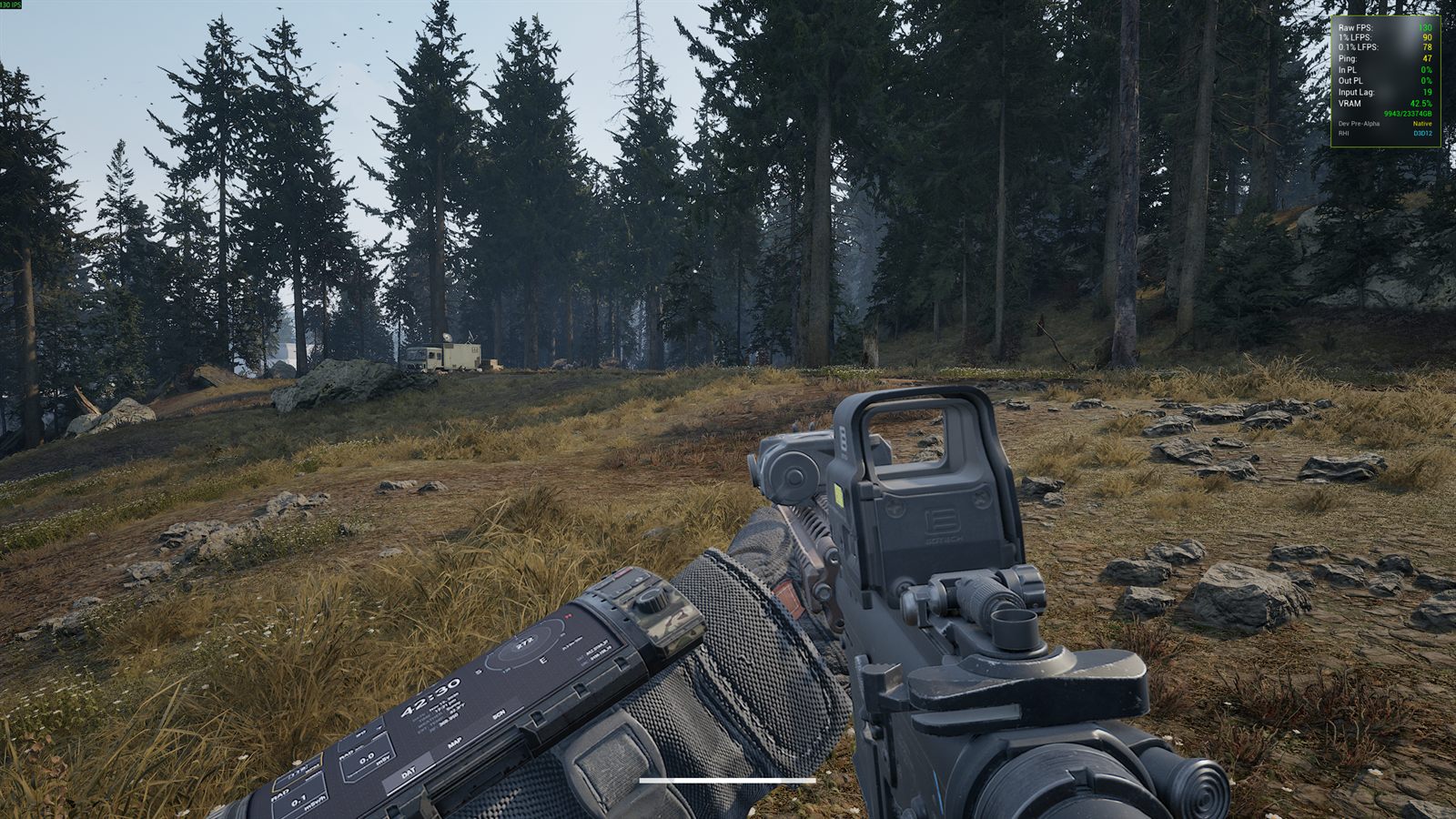 An operator's rifle over a field of red flowers at the edge of a pine forest, with a performance overlay in the corner