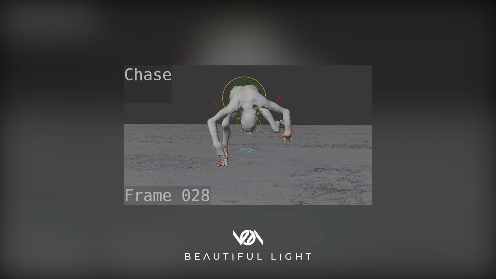 An animation preview of a pale crawling creature on a grey test ground, labelled Chase