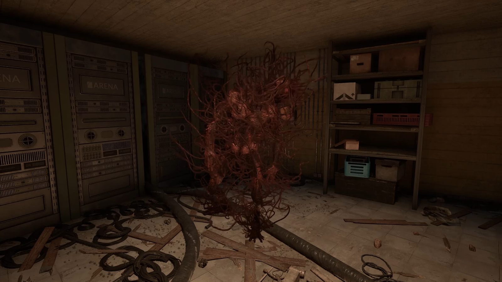 A mass of dark red tentacles rising from the floor of a wooden storage room