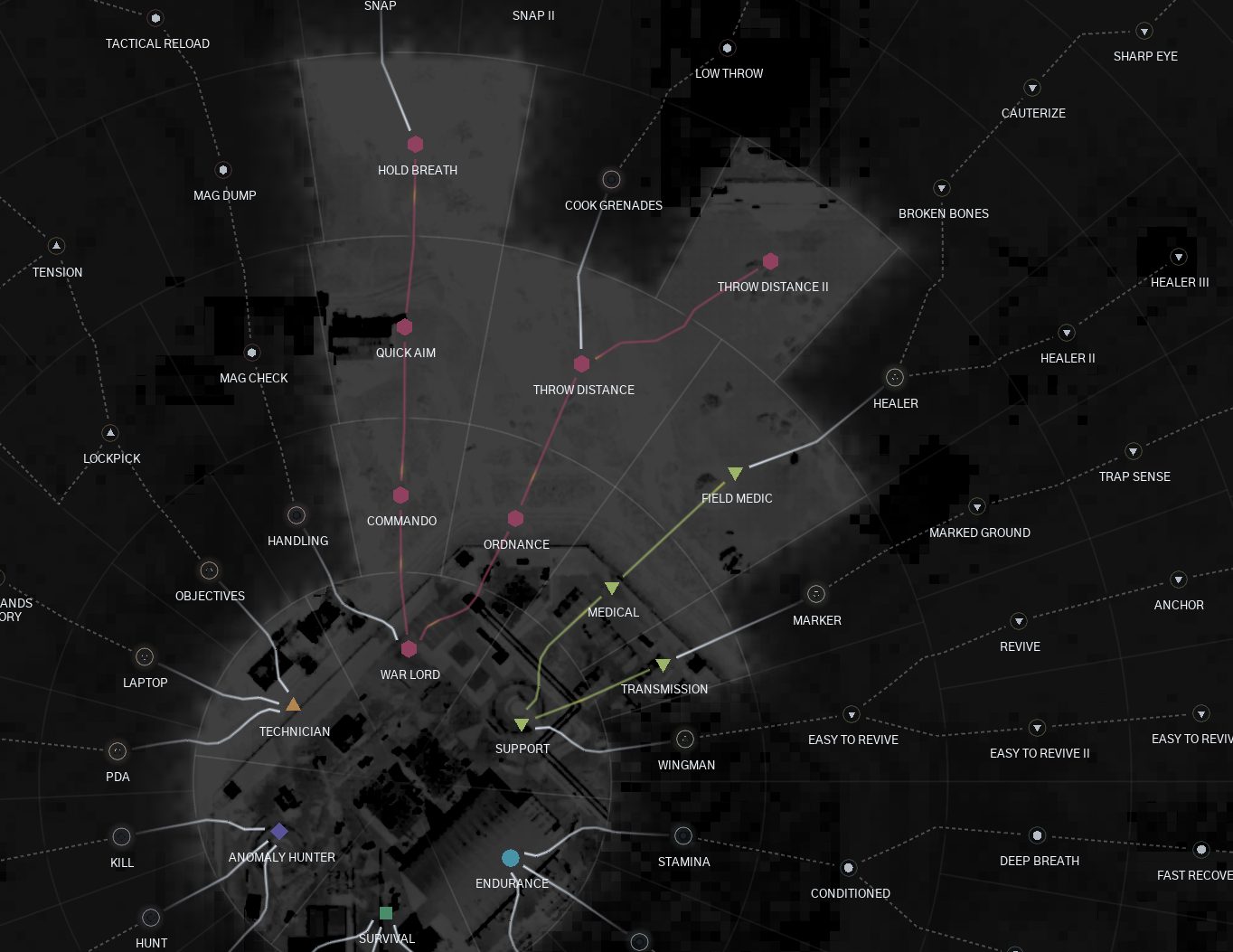 A close view of the skill tree over a top-down map, with branches named War Lord, Commando, Ordnance, Support, Field Medic, Technician, Anomaly Hunter, Endurance and Survival