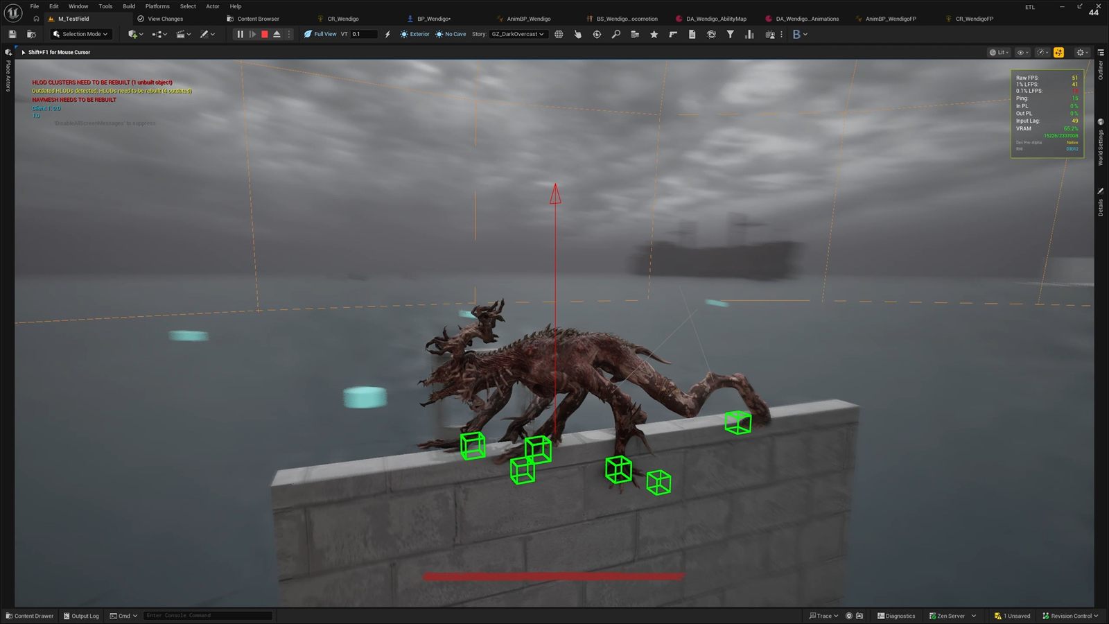 The Wendigo clinging to the top of a stone wall in a grey test level, seen in third person