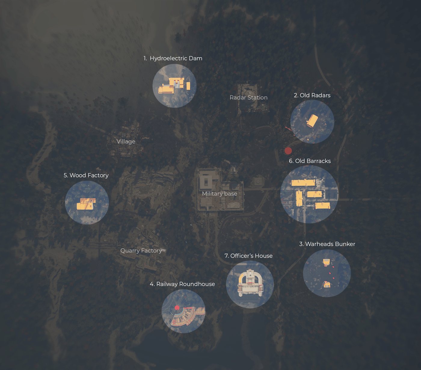 Top-down map of Ground Zero with seven numbered points of interest: Hydroelectric Dam, Old Radars, Warheads Bunker, Railway Roundhouse, Wood Factory, Old Barracks and Officer's House