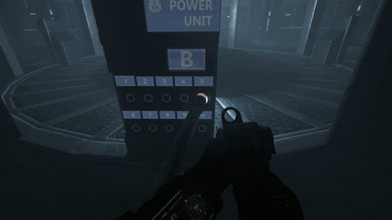 A bunker power unit panel marked B with numbered switches, seen over a rifle
