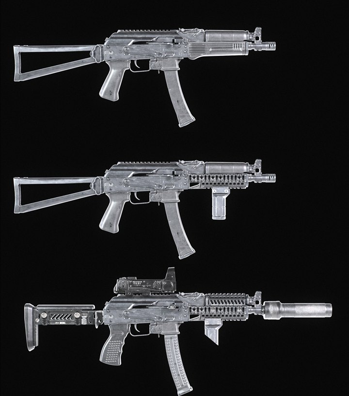 The same submachine gun shown three times: bare, then with a vertical grip, then with a red dot sight, a suppressor and a different stock