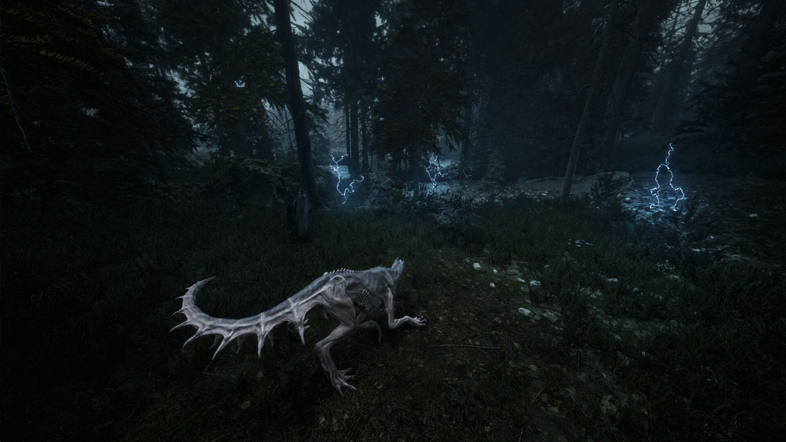 A pale skeletal creature low to the ground in a black forest, its ribs catching the only light in the frame