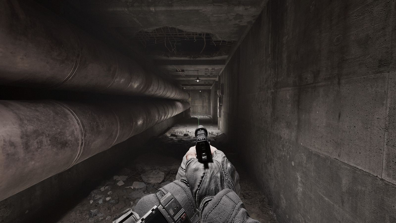 A figure crawling toward the camera down a narrow concrete drainage tunnel
