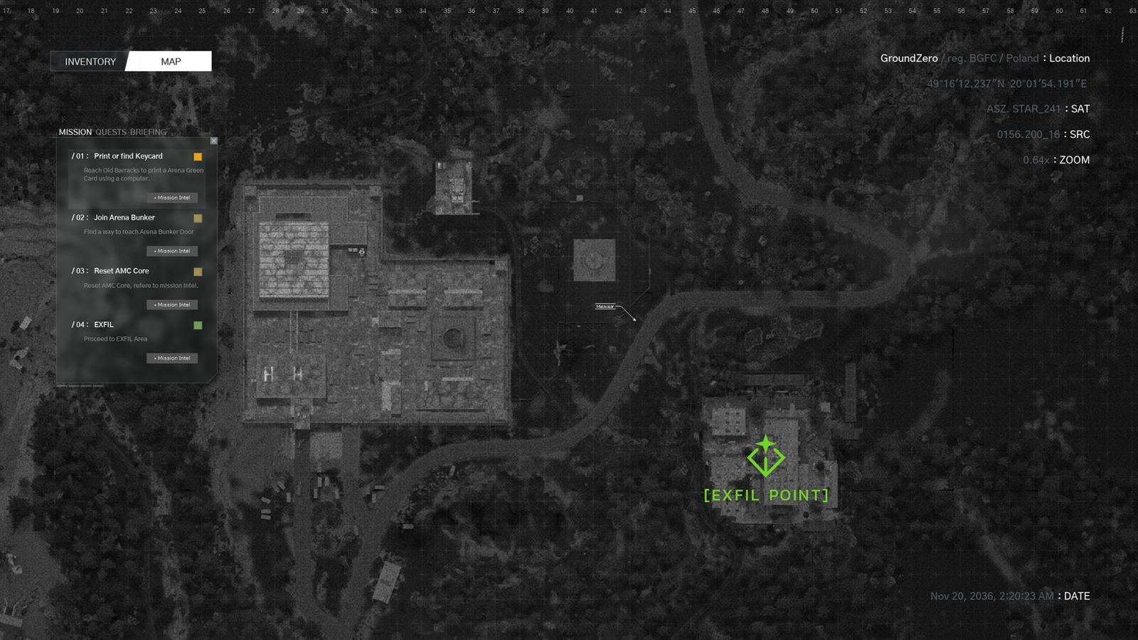The in-game tactical map of Ground Zero, with a marked extraction point near the edge of the forest